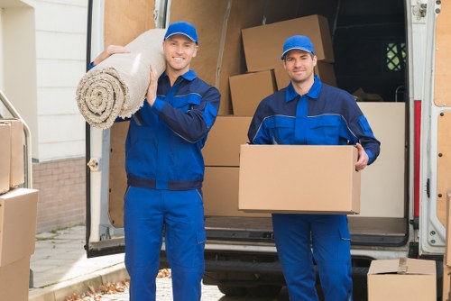Packed business items ready for transport during a commercial relocation