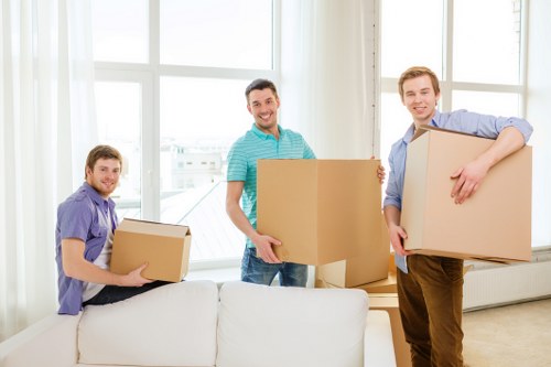 Driver and mover organising a van move with furniture and boxes